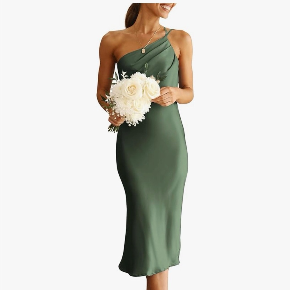PRETTYGARDEN Green One-Shoulder Satin Midi Dress - Medium - NWT